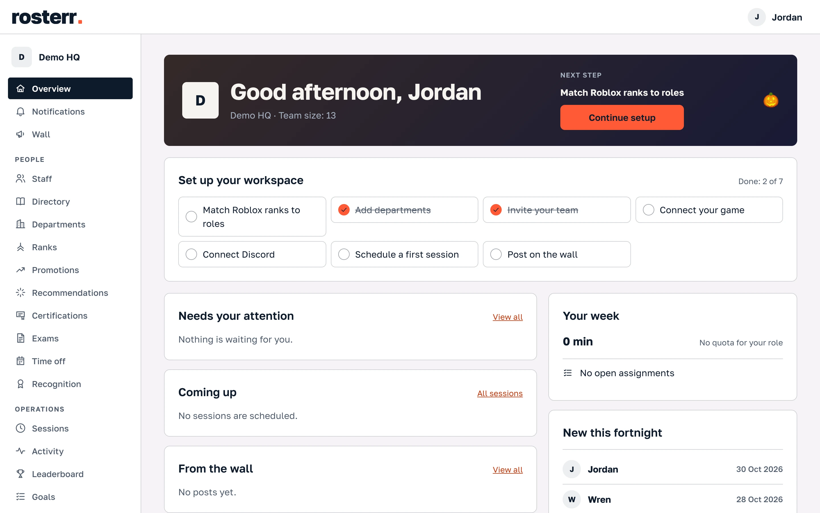 The workspace overview in Rosterr: recent joiners, staff by role and the next setup step.
