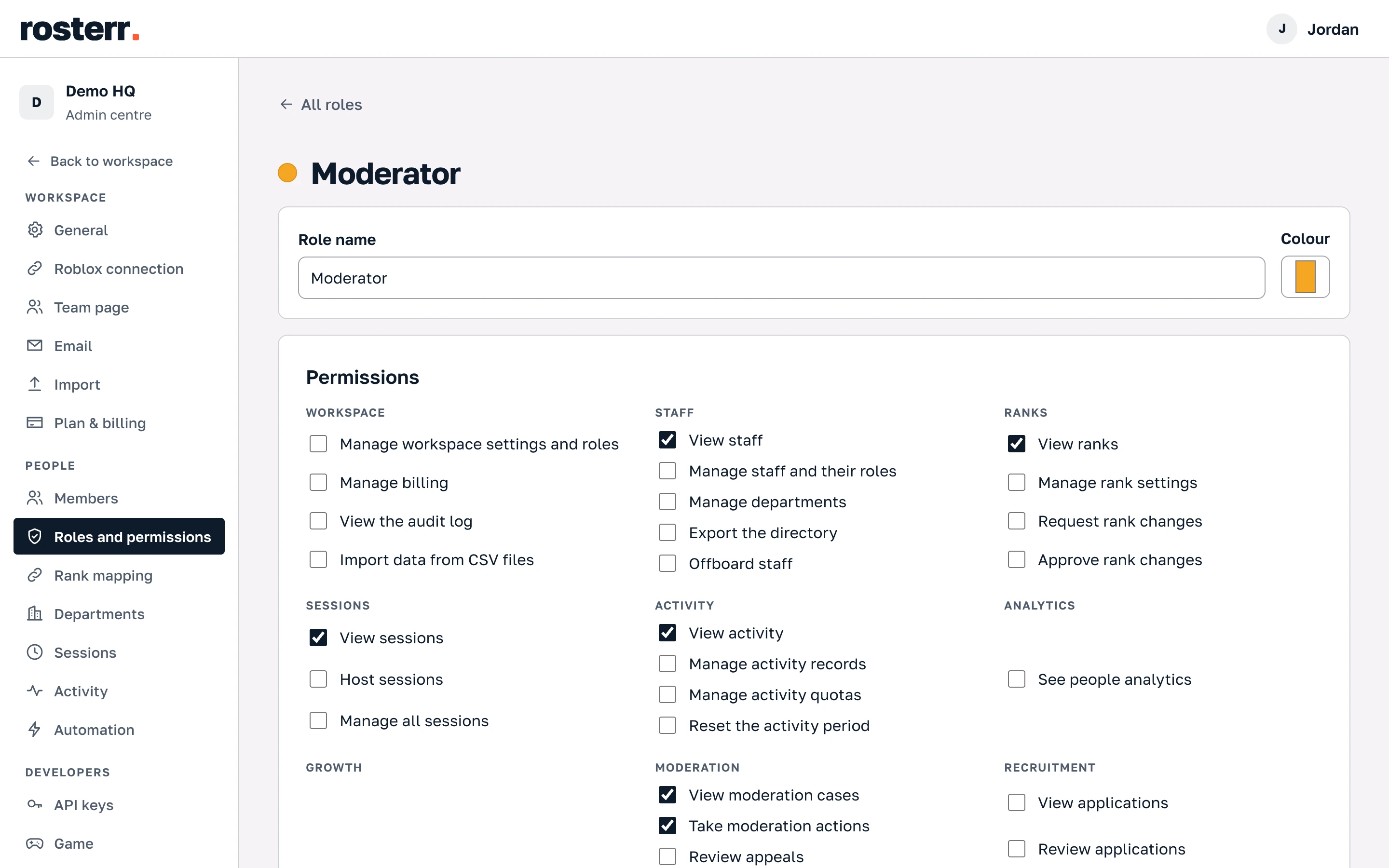 The role editor for Moderator, with each permission as a checkbox.